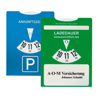 Ladedauer-Scheibe für Elektroautos mit rückseitiger Parkscheibe